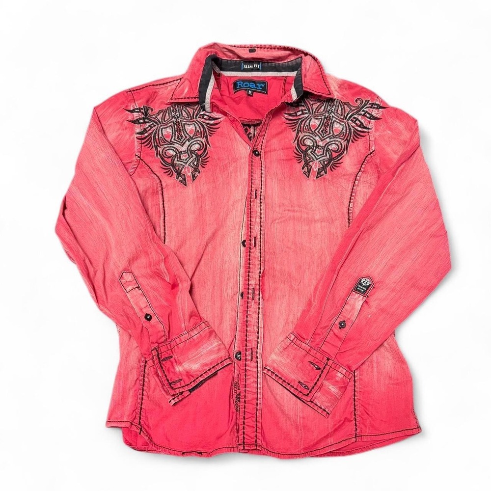 Roar grunge y2k embroidered button up shirt